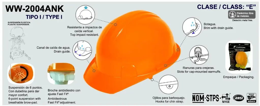 WW-2004ANK Casco de seguridad suspension textil naranja JYRSA